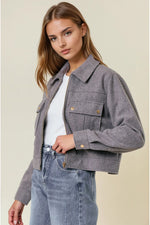 Load image into Gallery viewer, Charcoal collard cropped jacket
