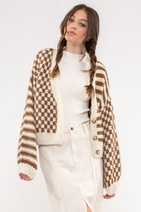 Brown and cream checkered cardigan