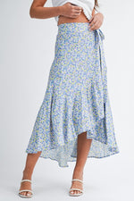 Load image into Gallery viewer, Blue ditsy floral wrap skirt
