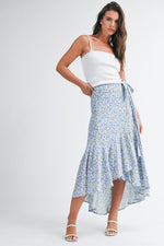 Load image into Gallery viewer, Blue ditsy floral wrap skirt
