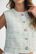 Load image into Gallery viewer, Sea Green Tweed Rhinestone Special Button Front Vest
