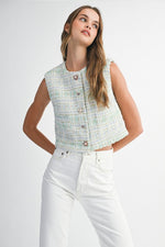 Load image into Gallery viewer, Sea Green Tweed Rhinestone Special Button Front Vest
