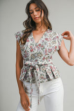 Load image into Gallery viewer, Floral Print Tapestry V Neck Peplum Top
