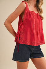 Load image into Gallery viewer, Red lace trim side tie tank top

