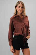 Load image into Gallery viewer, Rust Button Down Draw String Hem Top
