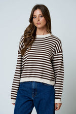 Load image into Gallery viewer, Brown Striped Sweater with Back Button Detail
