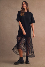 Load image into Gallery viewer, Black T-Shirt Dress with Lace Trim
