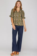 Load image into Gallery viewer, Olive Ruffle Neck Short Sleeve Top
