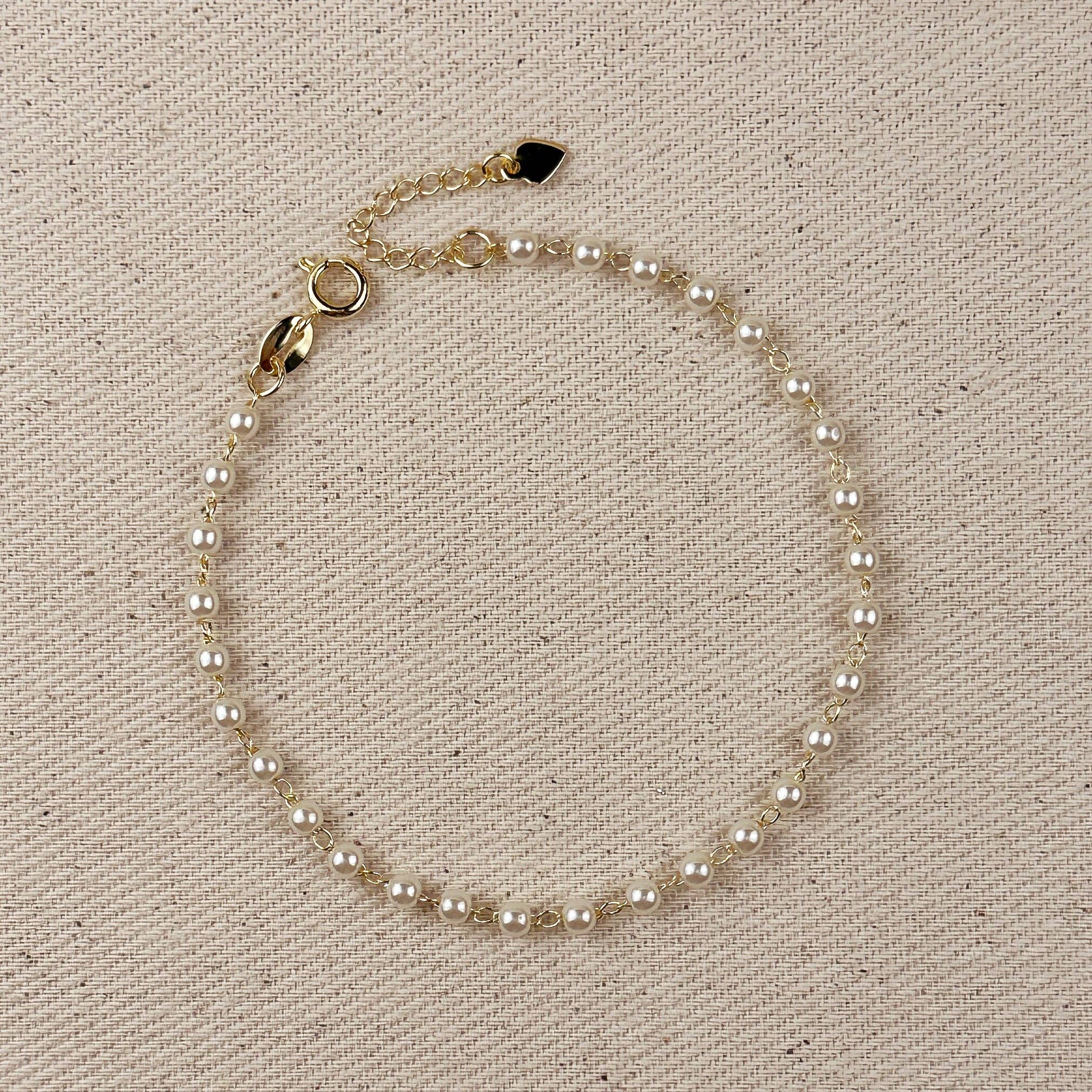 18k Gold Filled 3mm Pearl Bracelet: 6.5 inches