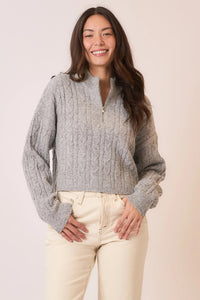 Grey 1/4 Zip Cable Knit Mock Neck Sweater