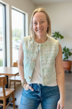 Load image into Gallery viewer, Sea Green Tweed Rhinestone Special Button Front Vest
