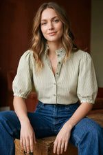 Load image into Gallery viewer, Green striped blouse with ruffle neck and puff sleeve.
