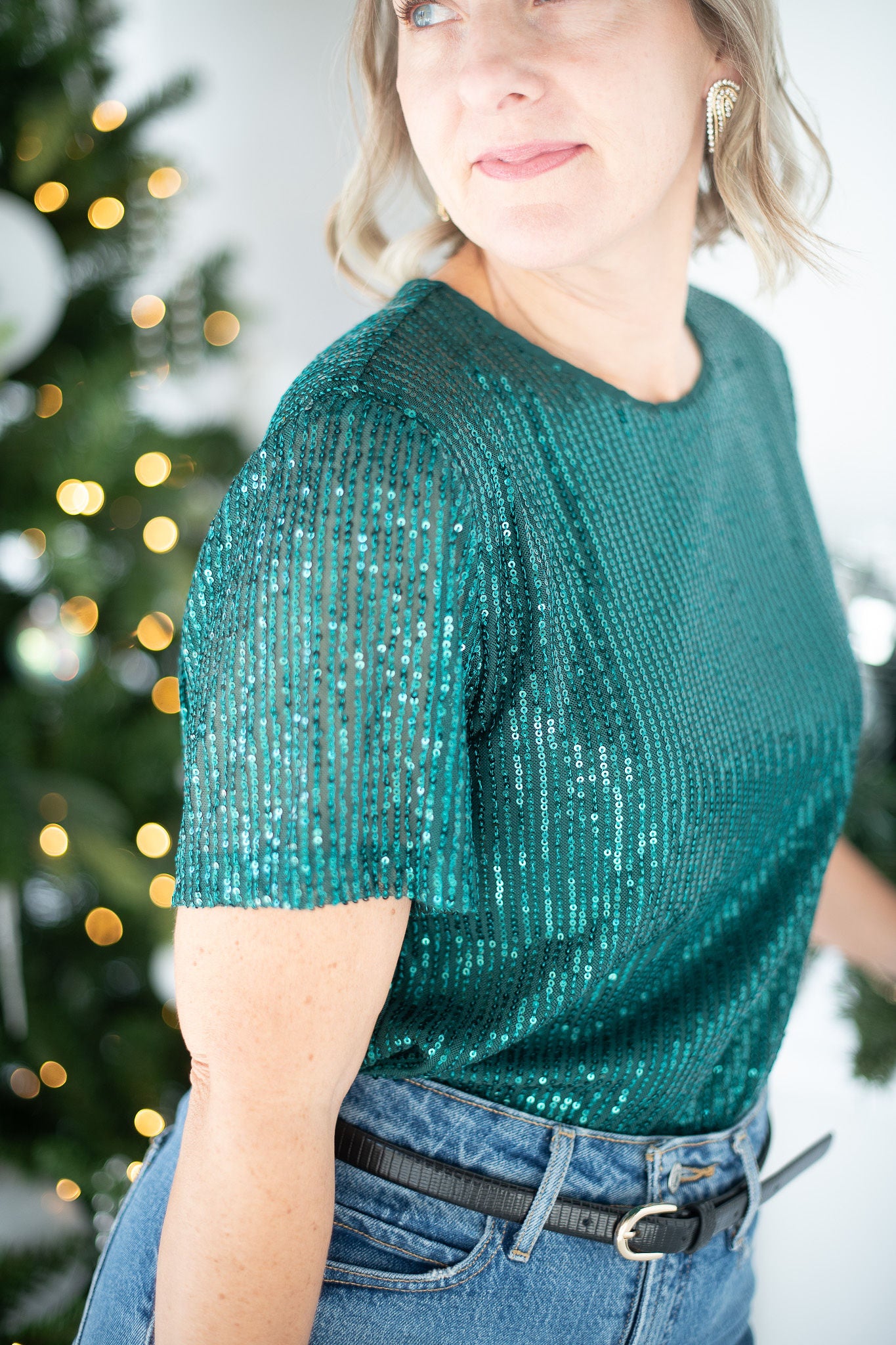 Hunter Green Short Sleeve Sequin Top