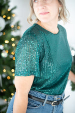 Load image into Gallery viewer, Hunter Green Short Sleeve Sequin Top
