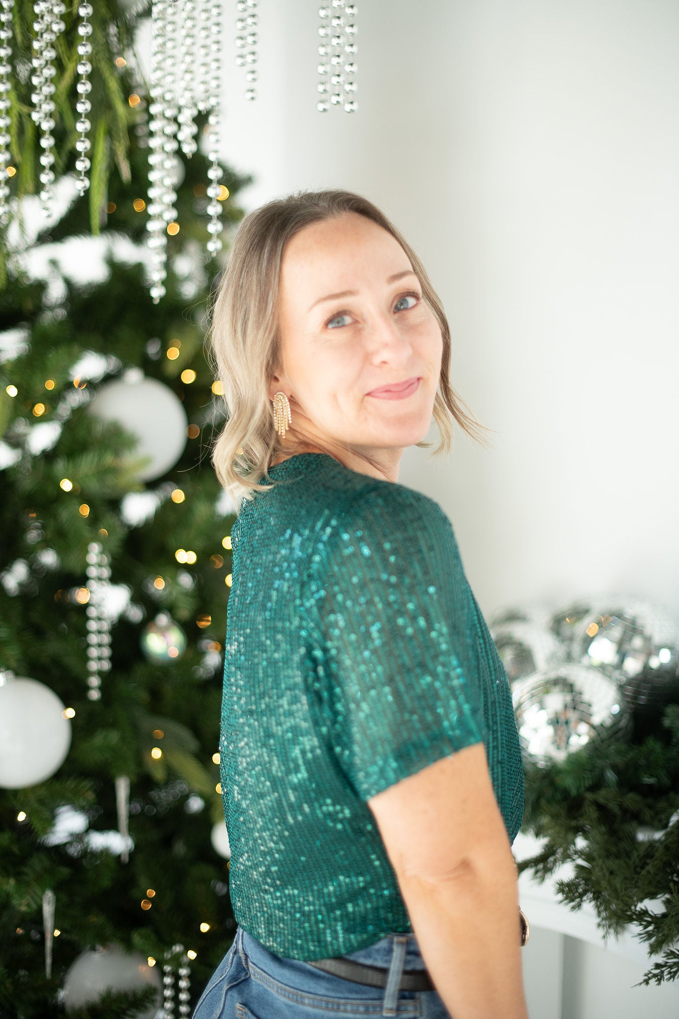 Hunter Green Short Sleeve Sequin Top