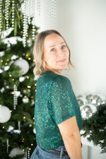 Load image into Gallery viewer, Hunter Green Short Sleeve Sequin Top
