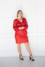 Load image into Gallery viewer, Red Sequin Tie Waist Midi Dress
