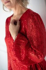 Load image into Gallery viewer, Red Sequin Tie Waist Midi Dress
