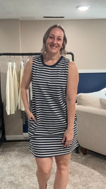 Load image into Gallery viewer, Navy and cream striped tank dress with pockets. 
