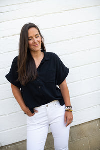 Black gauze button down top