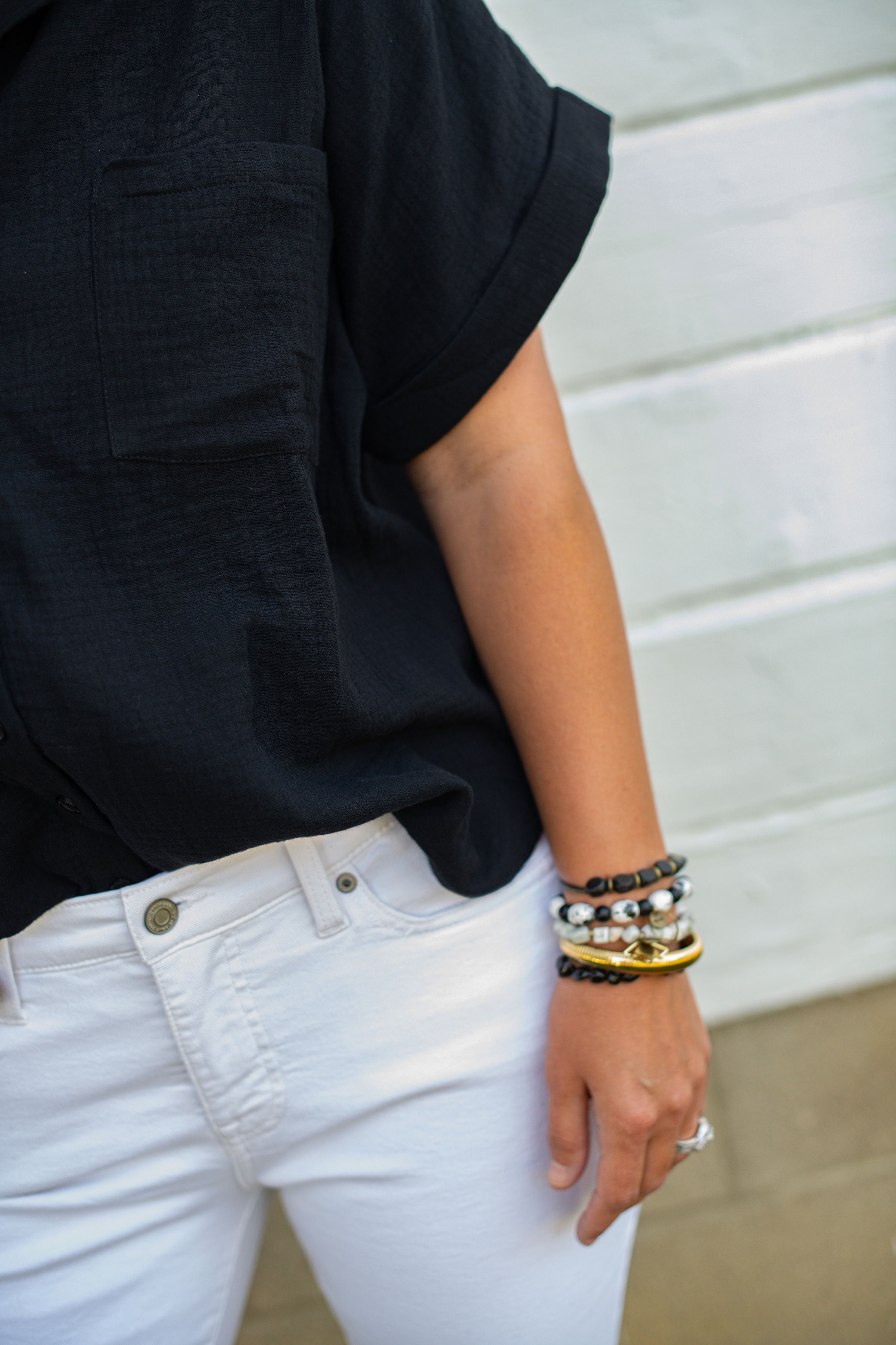 Black gauze button down top