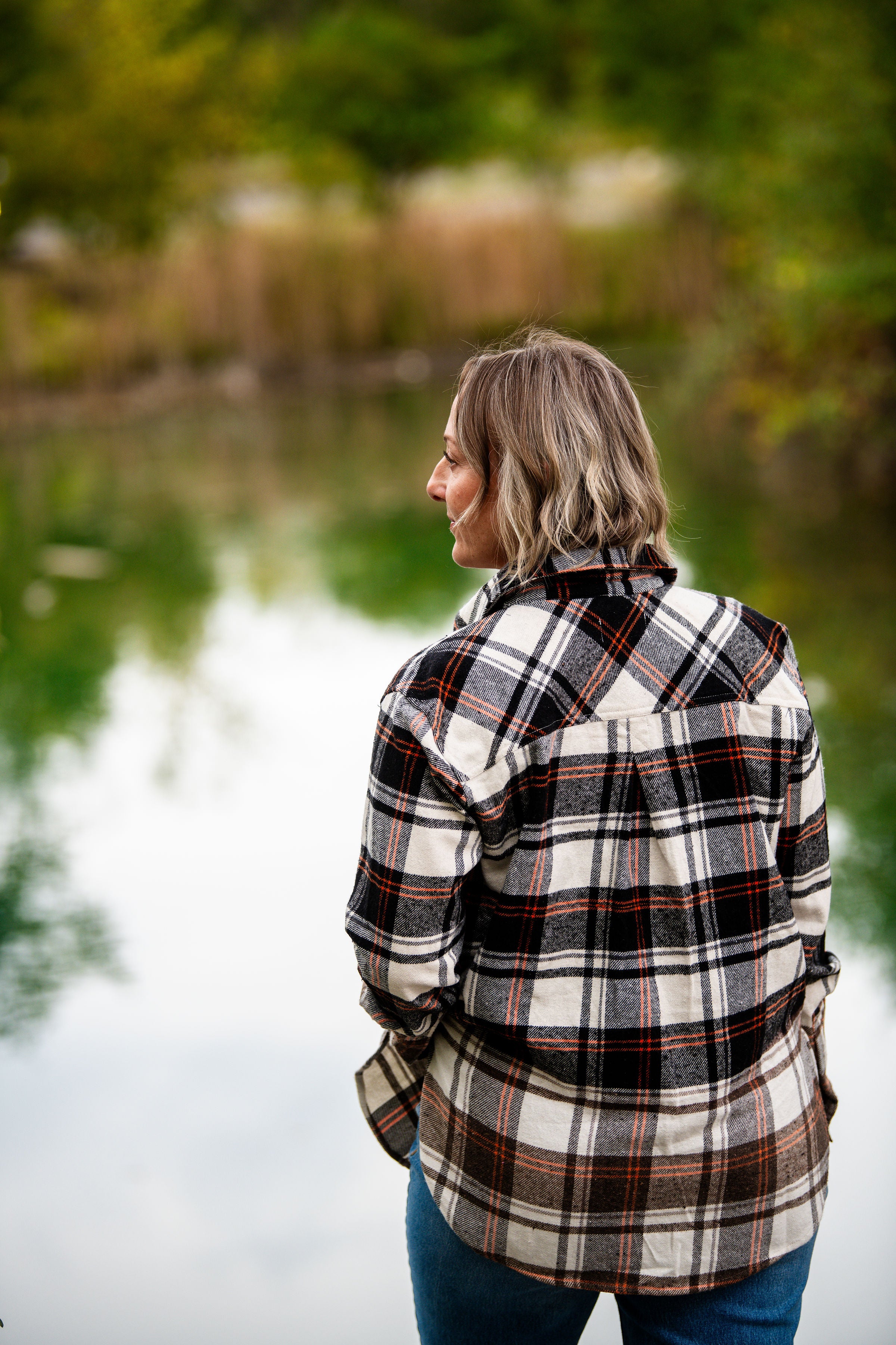 Black, cream and orange plaid flannel