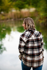 Load image into Gallery viewer, Black, cream and orange plaid flannel
