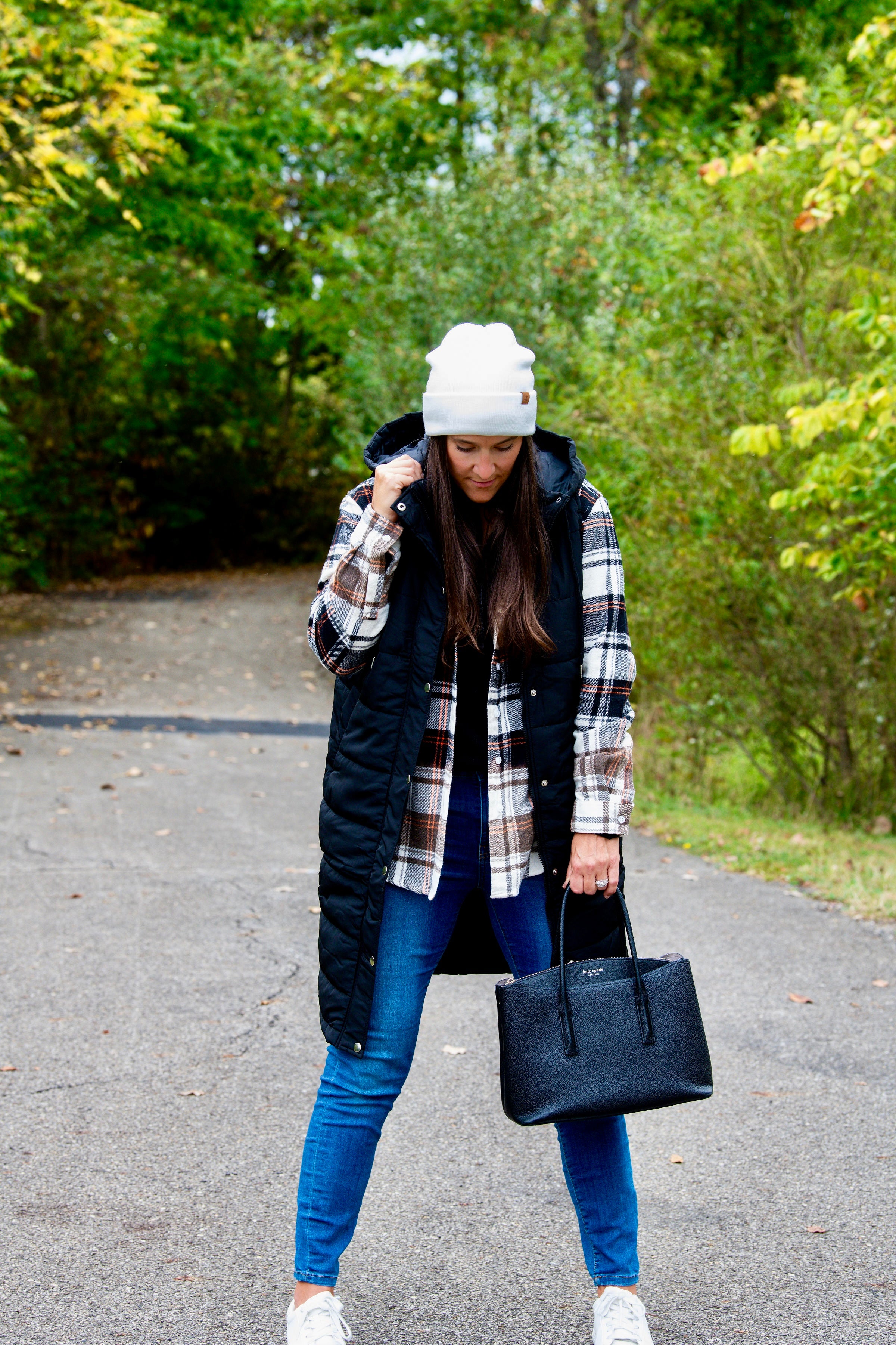 Black long hooded puffer vest