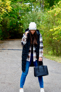 Black long hooded puffer vest