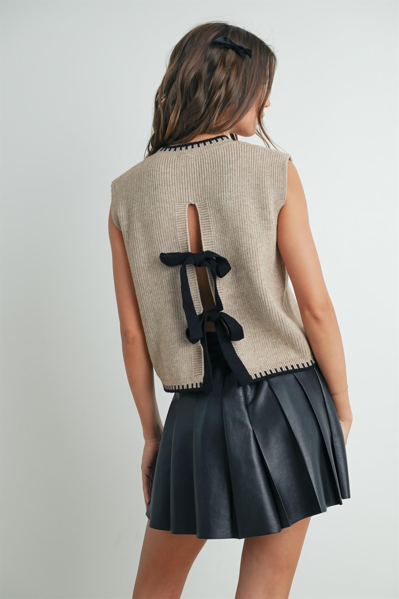 Taupe Sweater Vest with Bow Tie Back