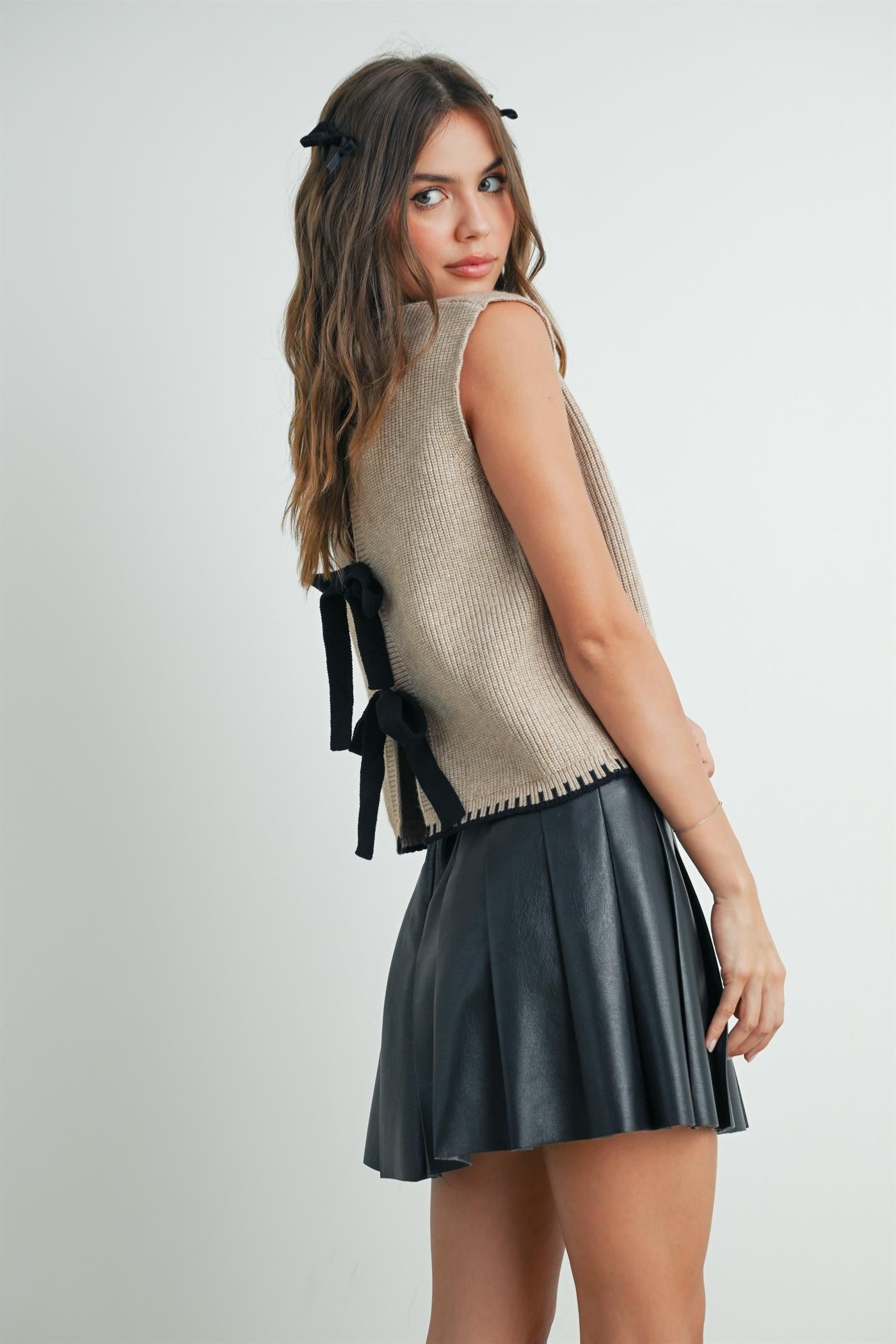 Taupe Sweater Vest with Bow Tie Back