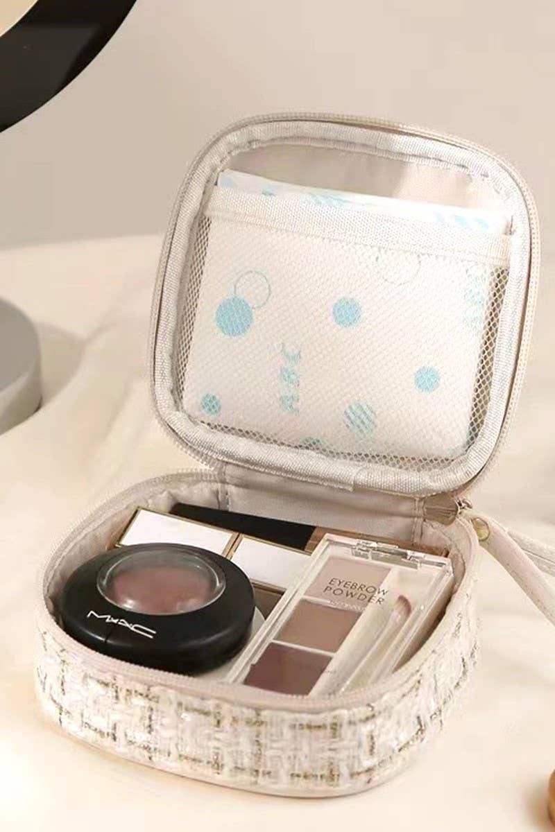 Bone Plaid Tweed Cosmetic Makeup Travel Case