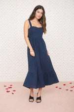 Load image into Gallery viewer, Navy lace trim midi dress

