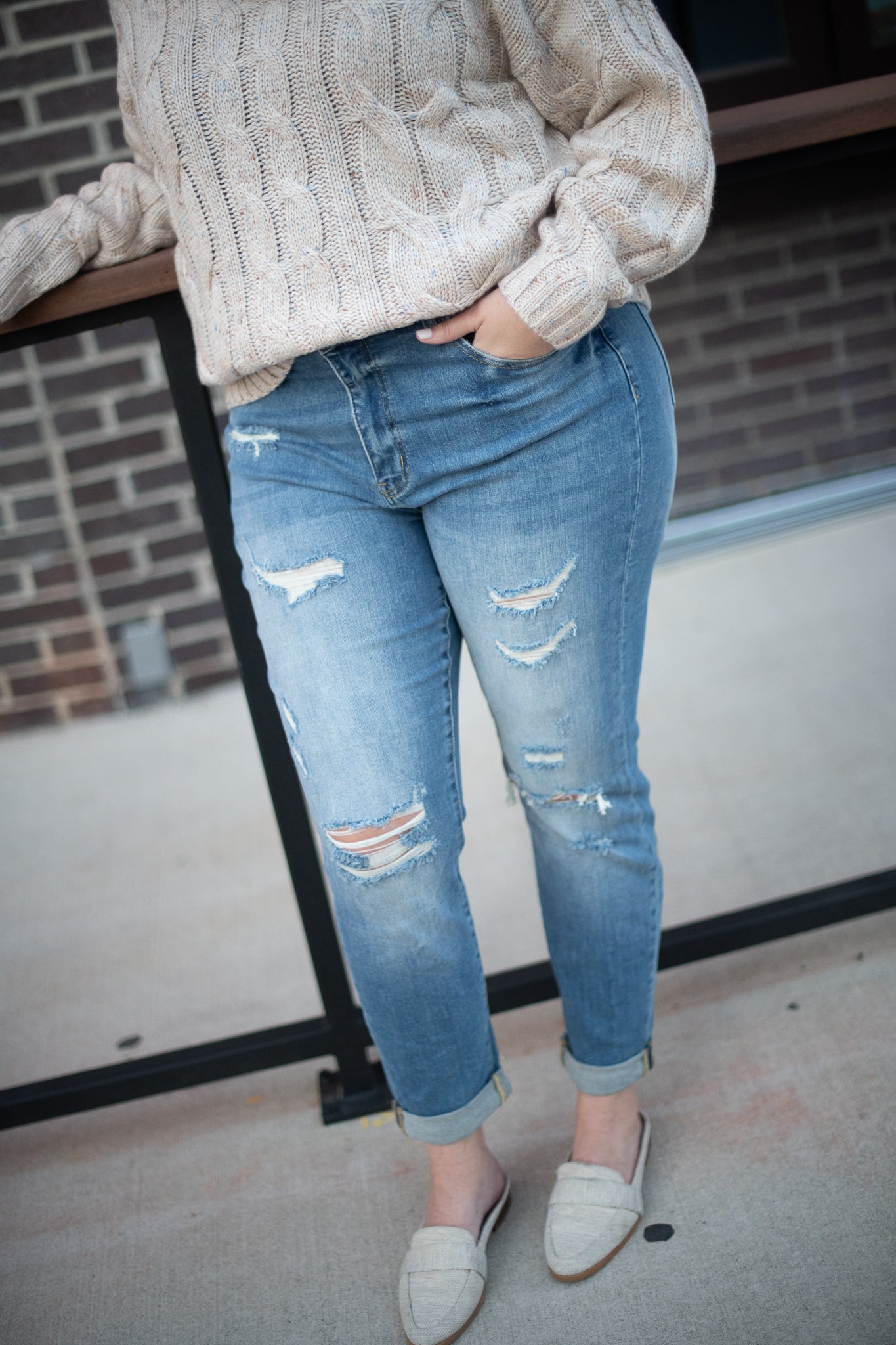 High waist distressed boyfriend cut denim PLUS