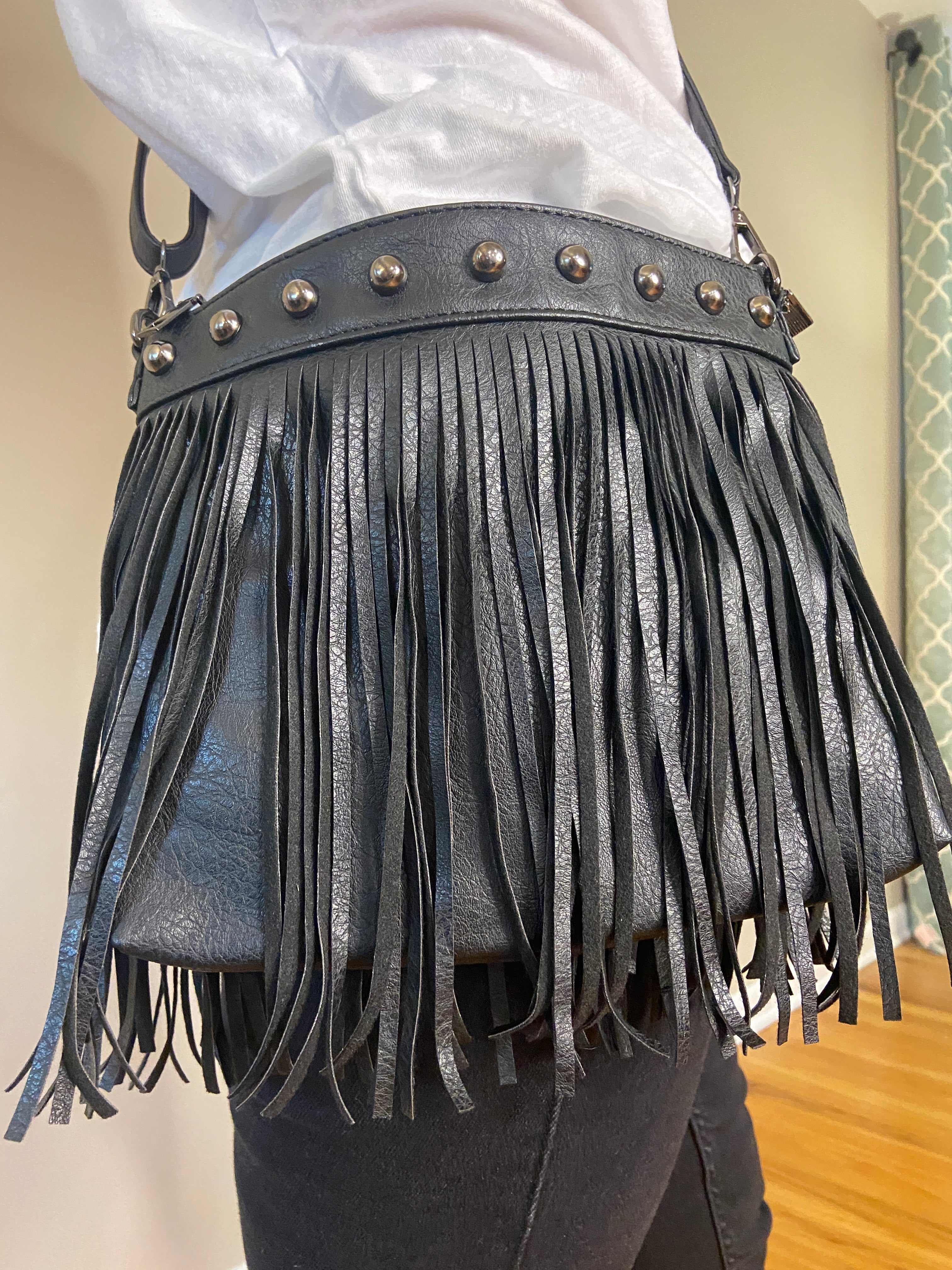 Black leather cheap fringe purse